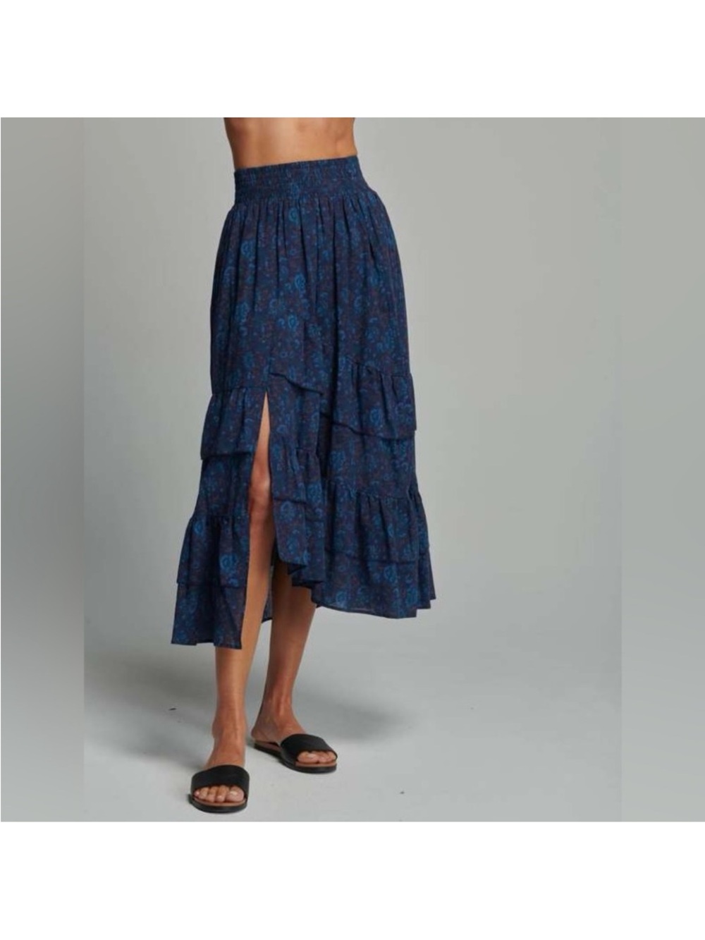 sundays Navy Blue Floral Tiered Midi Skirt with Front Slit